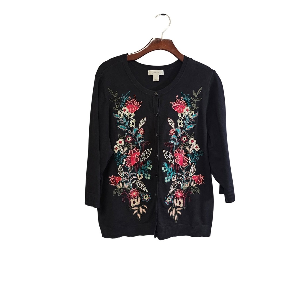 CJ Banks Womens 1X Black Floral Embroidered Button Front Cardigan 3/4 Sleeve